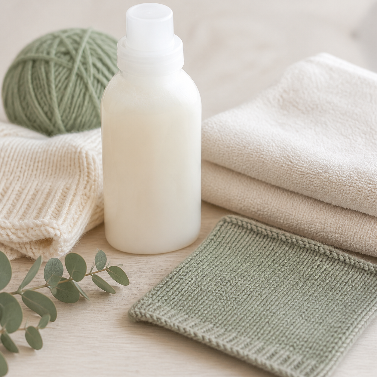 Neutrale Flasche ohne Etikett, Wollstrickstück, Handtuch und Garnknäuel auf hellem Tisch