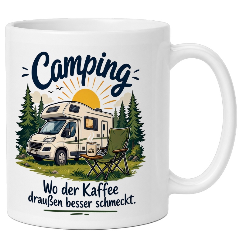 Tasse mit Camping- und Kaffee-Motiv