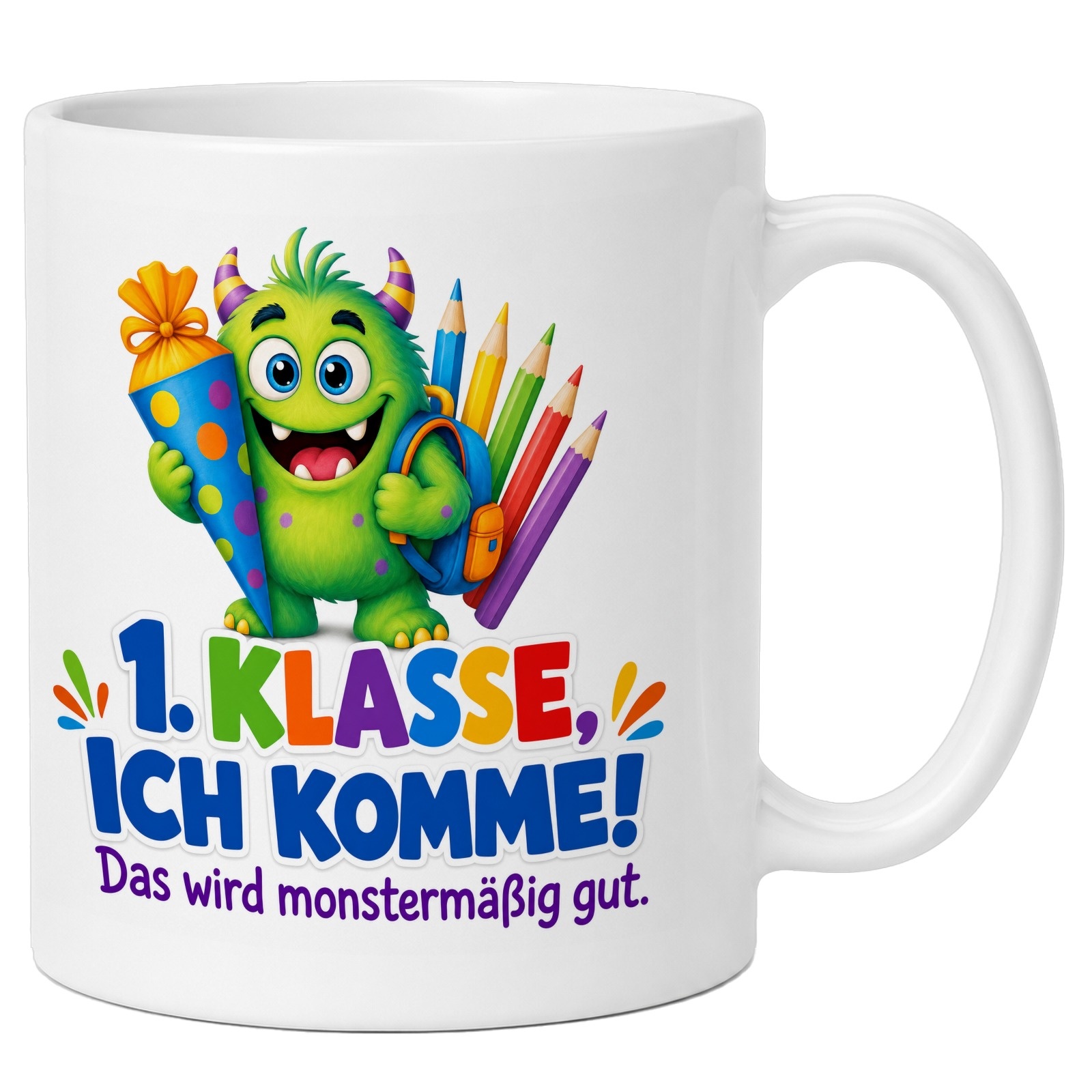 Einschulungstasse mit freundlichem Monster-Motiv für Erstklässler
