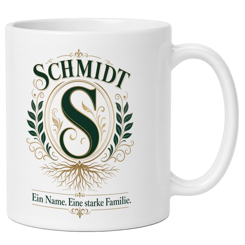 Tasse mit Familiennamen und Wappenmotiv