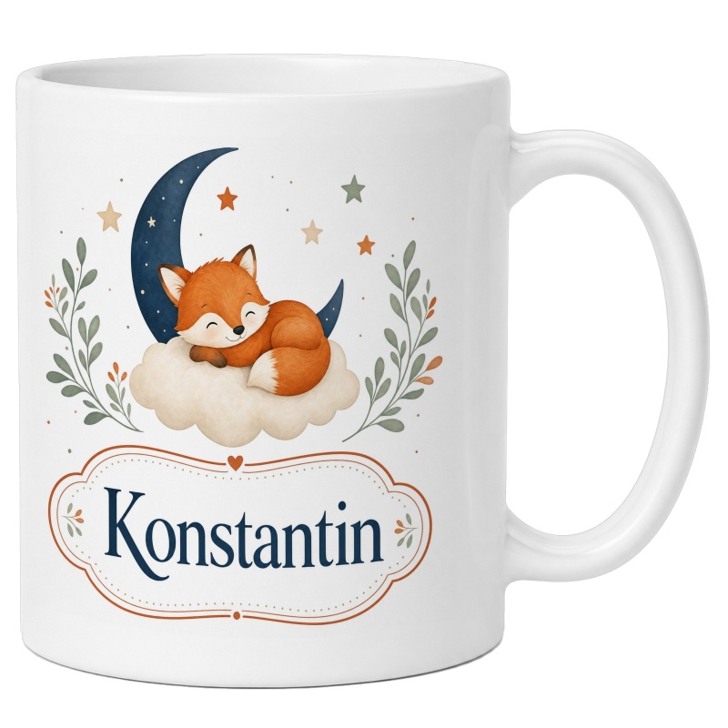 Namenstasse mit schlafendem Fuchs als Geschenk zur Geburt