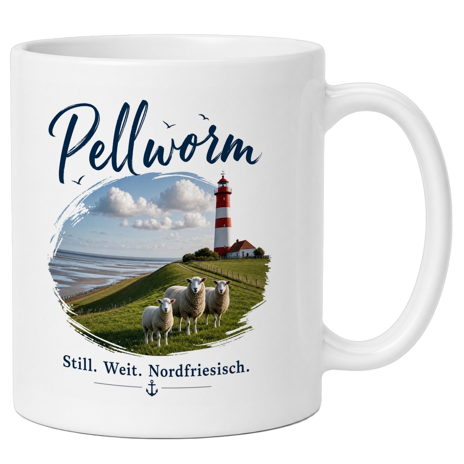 Tasse mit Pellworm-Motiv, Leuchtturm und Schafen